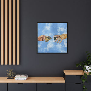 Framed Matte Canvas Art – Hands Exchanging Money Against Blue Sky