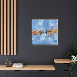 Framed Matte Canvas Art – Hands Exchanging Money Against Blue Sky
