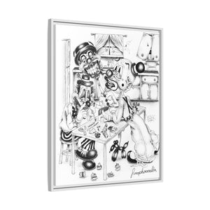 Framed Matte Canvas Print — Black & White Surreal Clown Illustration