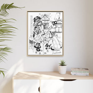 Framed Matte Canvas Print — Black & White Surreal Clown Illustration