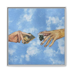 Framed Matte Canvas Art – Hands Exchanging Money Against Blue Sky