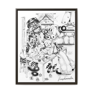 Framed Matte Canvas Print — Black & White Surreal Clown Illustration