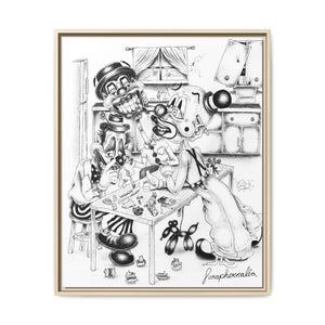 Framed Matte Canvas Print — Black & White Surreal Clown Illustration
