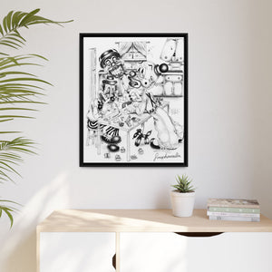 Framed Matte Canvas Print — Black & White Surreal Clown Illustration