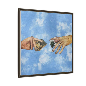 Framed Matte Canvas Art – Hands Exchanging Money Against Blue Sky