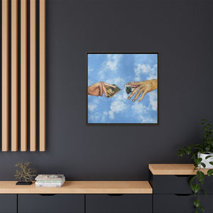 Framed Matte Canvas Art – Hands Exchanging Money Against Blue Sky
