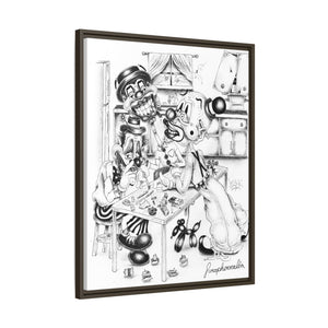 Framed Matte Canvas Print — Black & White Surreal Clown Illustration