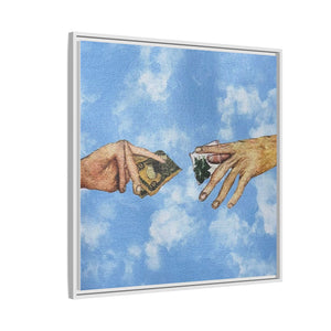 Framed Matte Canvas Art – Hands Exchanging Money Against Blue Sky