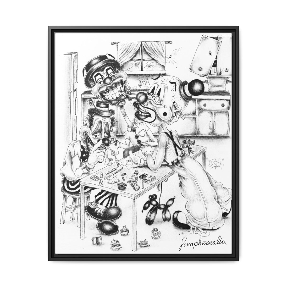 Framed Matte Canvas Print — Black & White Surreal Clown Illustration