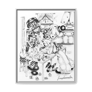 Framed Matte Canvas Print — Black & White Surreal Clown Illustration