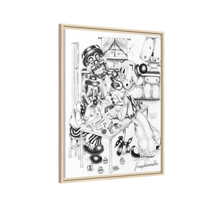 Framed Matte Canvas Print — Black & White Surreal Clown Illustration