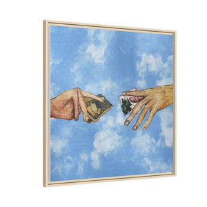 Framed Matte Canvas Art – Hands Exchanging Money Against Blue Sky