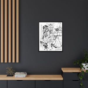 Framed Matte Canvas Print — Black & White Surreal Clown Illustration