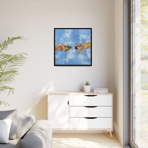 Framed Matte Canvas Art – Hands Exchanging Money Against Blue Sky