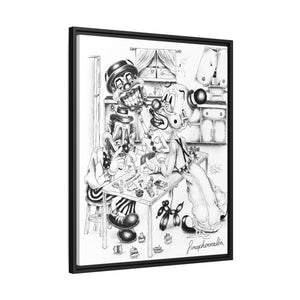 Framed Matte Canvas Print — Black & White Surreal Clown Illustration