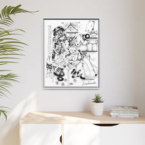 Framed Matte Canvas Print — Black & White Surreal Clown Illustration