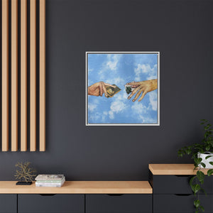 Framed Matte Canvas Art – Hands Exchanging Money Against Blue Sky
