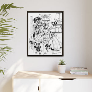 Framed Matte Canvas Print — Black & White Surreal Clown Illustration